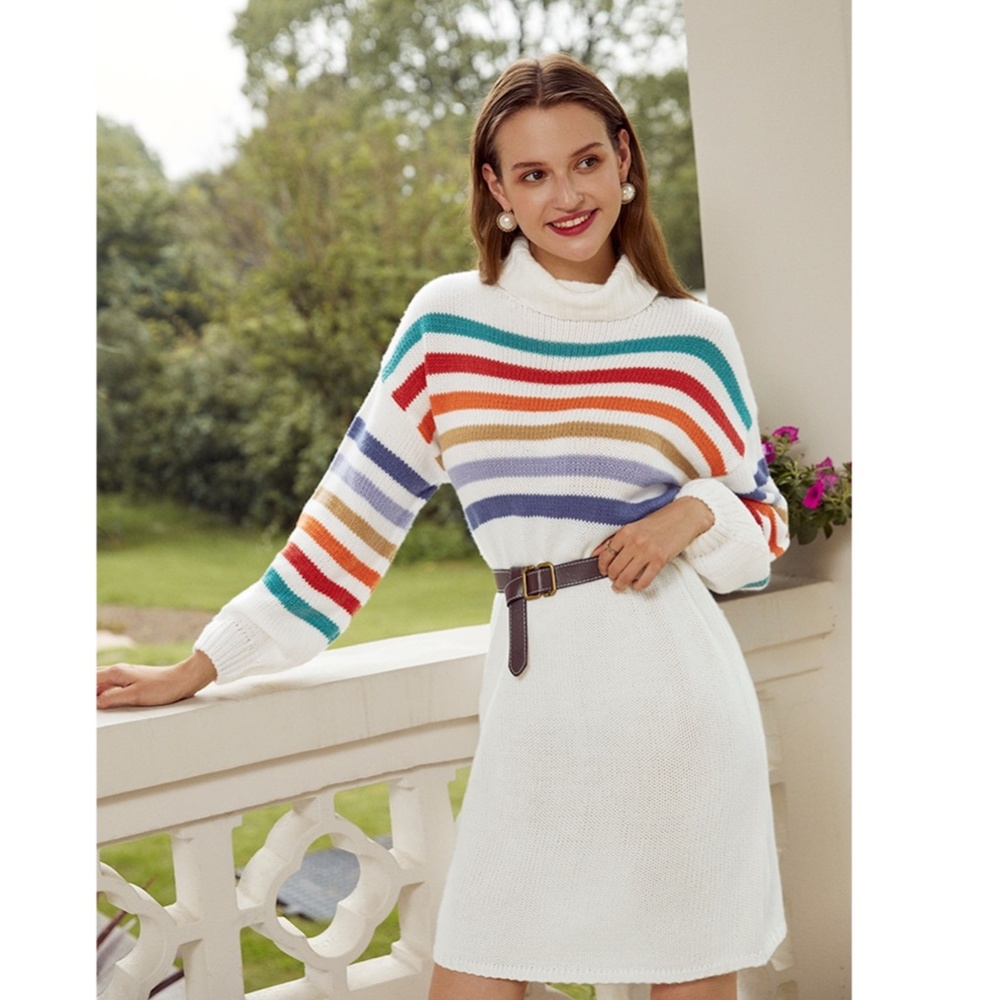 Multi Color Stripe Knit Sweater Off White Dress - Picture 7 of 14